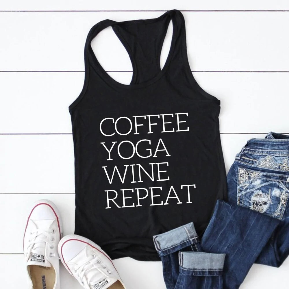 Coffee, Yoga, Wine: Women's Funny Racerback