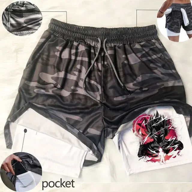 Pantalones cortos deportivos 2 en 1 de Anime para hombre