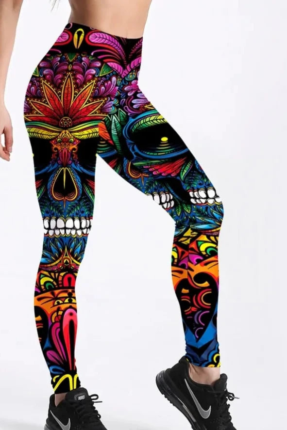 Women's Colorful Skull & Leaf Printed Leggings