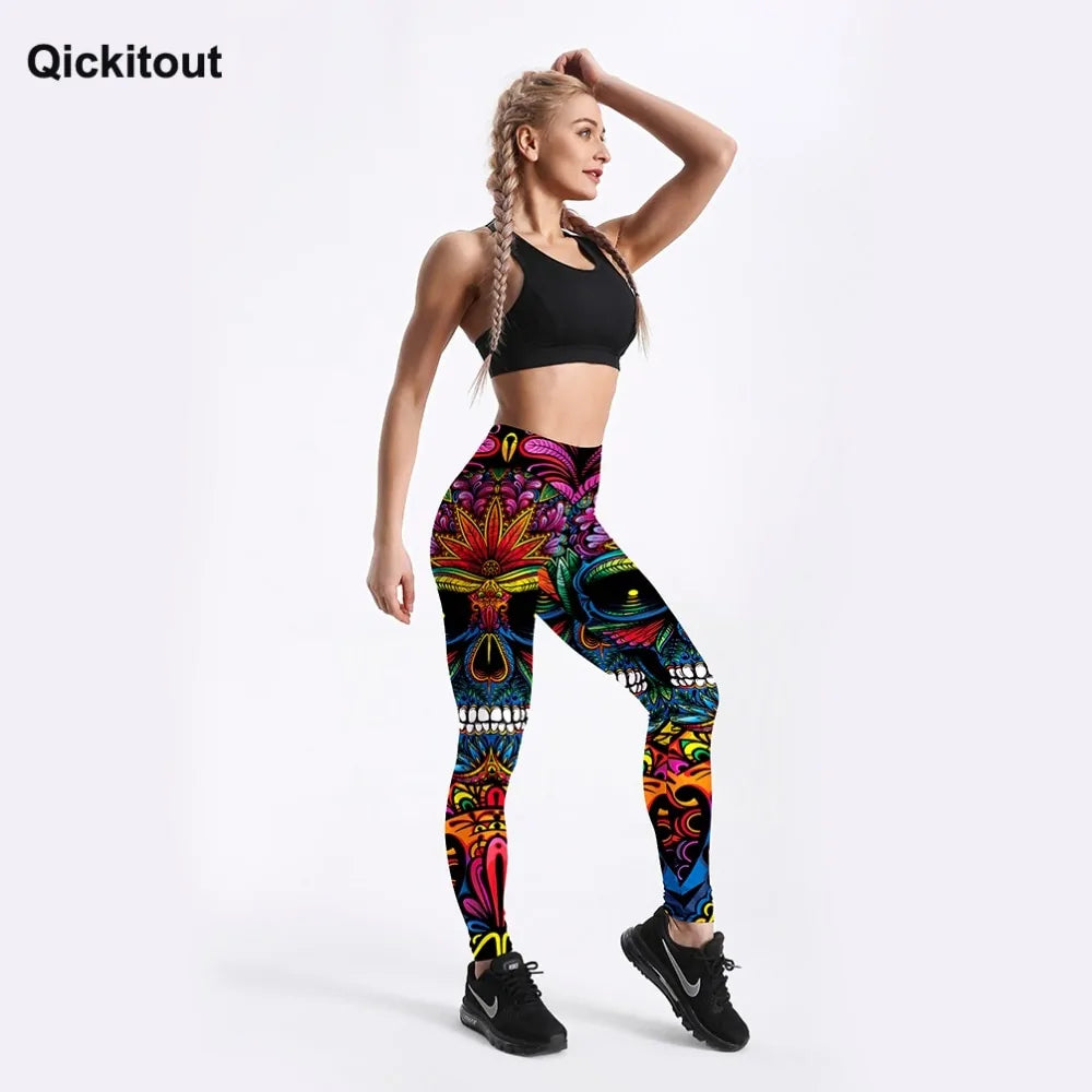 Women's Colorful Skull & Leaf Printed Leggings