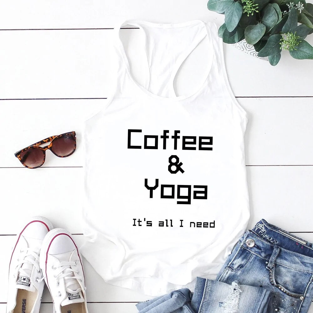 Coffee, Yoga, Wine: Women's Funny Racerback