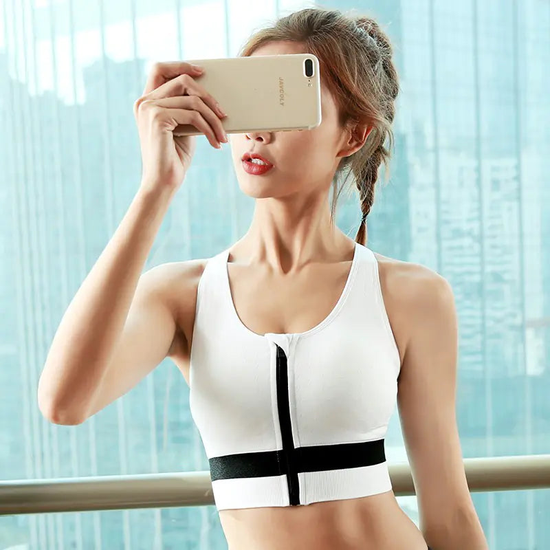 Women's Sports Bra with Front Zipper and Supportive Fit