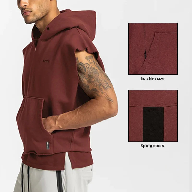 Men's Multi-pocket Bodybuilding Cotton Sleeveless Hooded