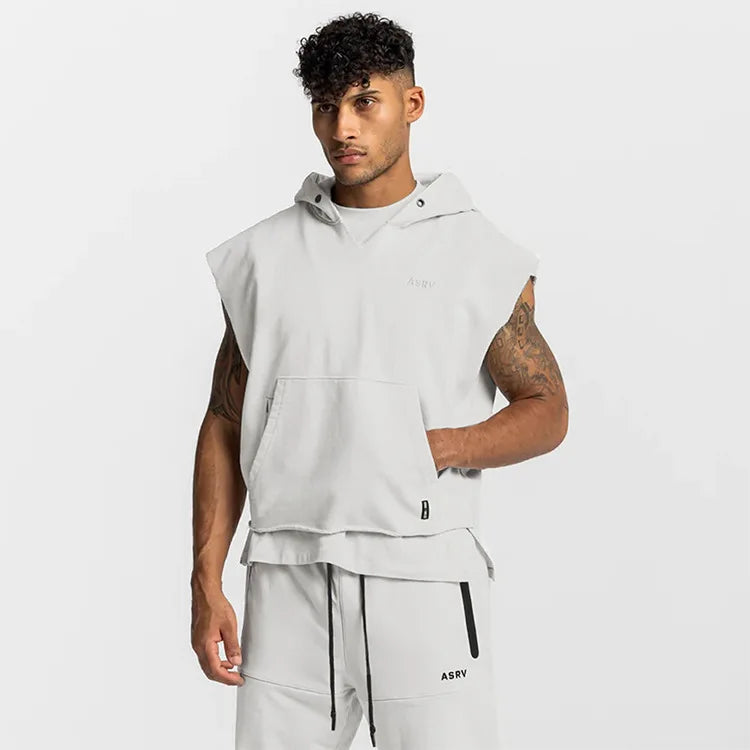 Men's Multi-pocket Bodybuilding Cotton Sleeveless Hooded