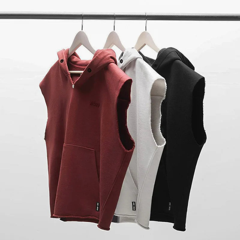 Men's Multi-pocket Bodybuilding Cotton Sleeveless Hooded