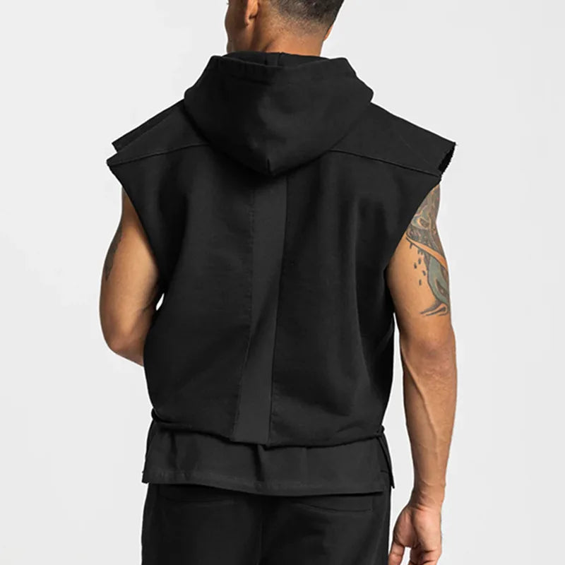 Men's Multi-pocket Bodybuilding Cotton Sleeveless Hooded