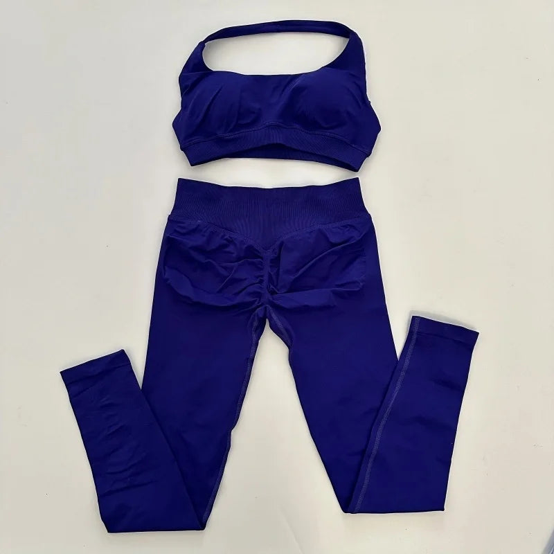 Conjunto de 2 leggings de impacto sin costuras para yoga, cintura alta, fruncido en el trasero y sujetador deportivo con cuello halter, para entrenamiento en gimnasio.