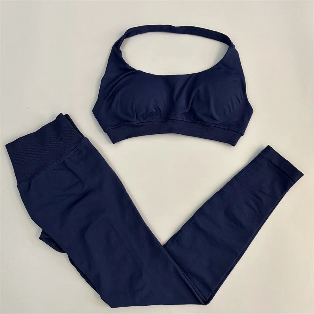 Conjunto de 2 leggings de impacto sin costuras para yoga, cintura alta, fruncido en el trasero y sujetador deportivo con cuello halter, para entrenamiento en gimnasio.