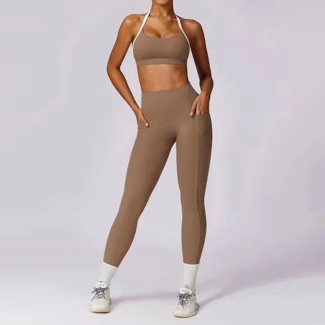 Conjunto de 2 piezas para gimnasio, para mujer, para entrenamiento, sin espalda, para yoga