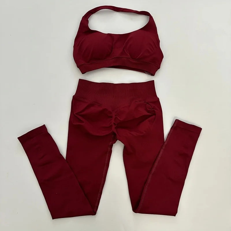 Conjunto de 2 leggings de impacto sin costuras para yoga, cintura alta, fruncido en el trasero y sujetador deportivo con cuello halter, para entrenamiento en gimnasio.