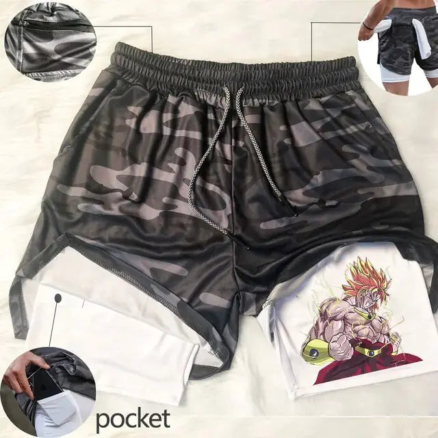 Pantalones cortos deportivos 2 en 1 de Anime para hombre