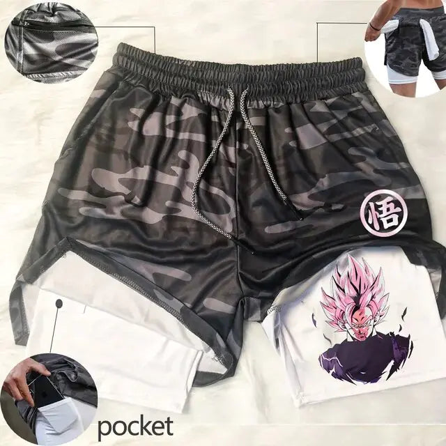 Pantalones cortos deportivos 2 en 1 de Anime para hombre