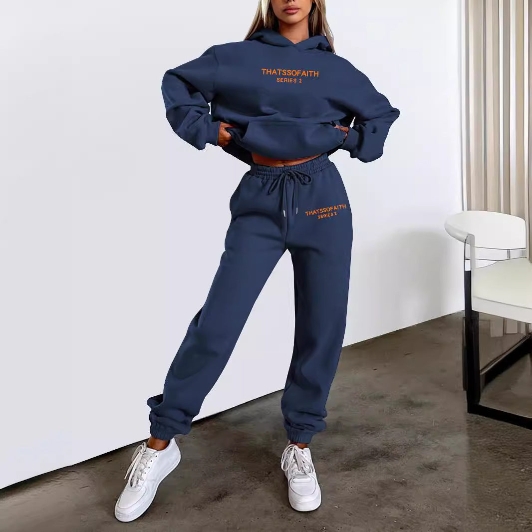 Traje de sudadera con capucha y pantalones estampados con letras para gimnasio para mujer