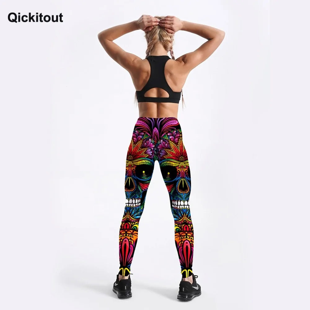 Women's Colorful Skull & Leaf Printed Leggings