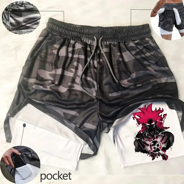 Pantalones cortos deportivos 2 en 1 de Anime para hombre