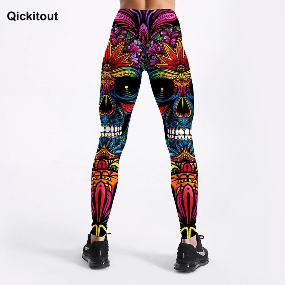 Women's Colorful Skull & Leaf Printed Leggings