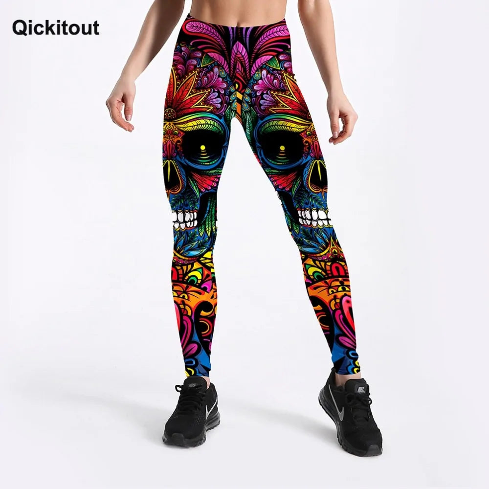 Women's Colorful Skull & Leaf Printed Leggings