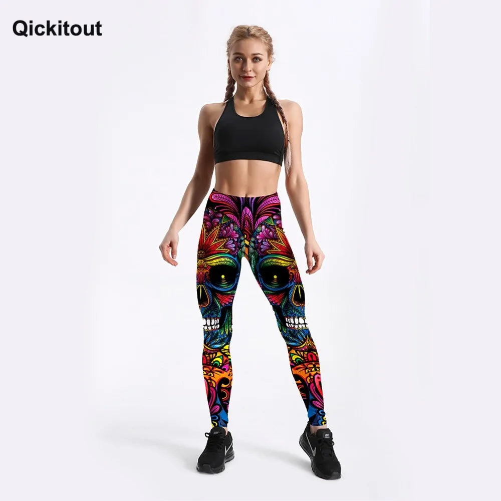 Women's Colorful Skull & Leaf Printed Leggings