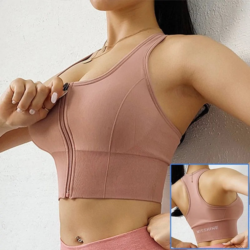 Front Zipper Sports Bra - Women's Push-Up Yoga Crop Top