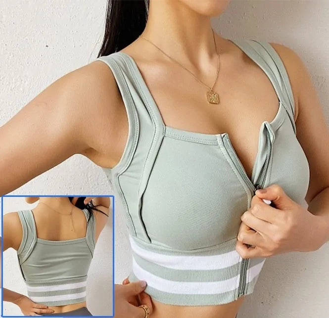 Front Zipper Sports Bra - Women's Push-Up Yoga Crop Top