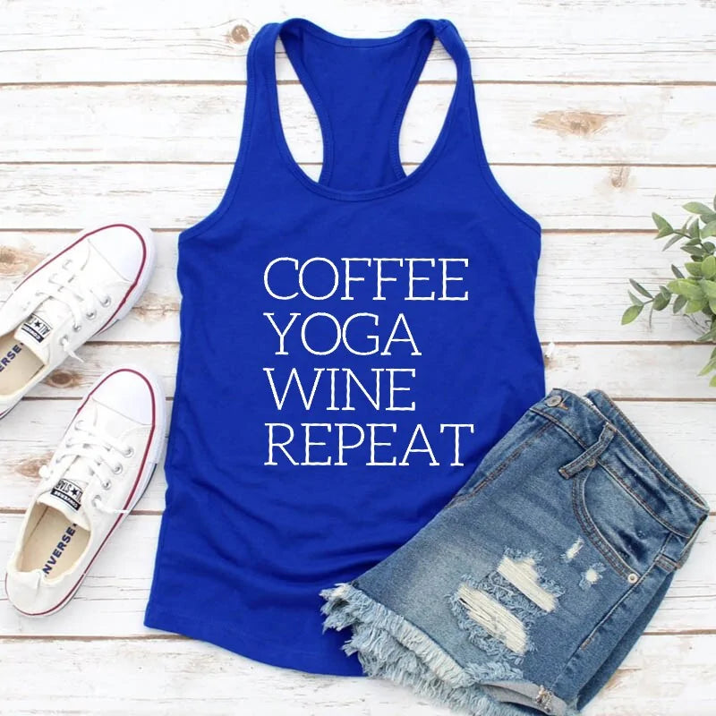 Illumino360 Repeat Coffee, Yoga, Wine: Women's Funny Racerback