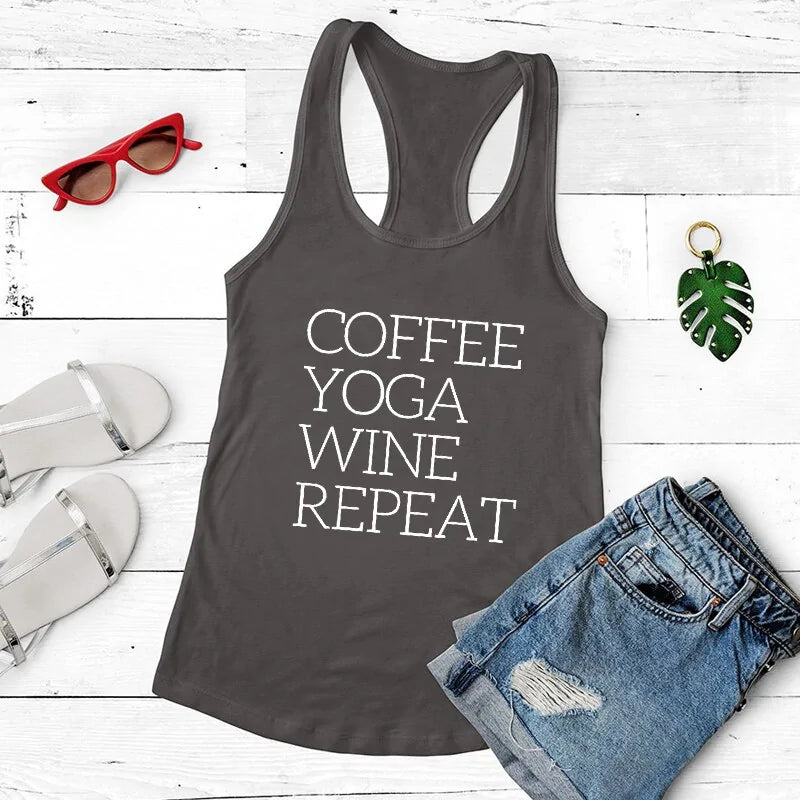 Illumino360 Repeat Coffee, Yoga, Wine: Women's Funny Racerback