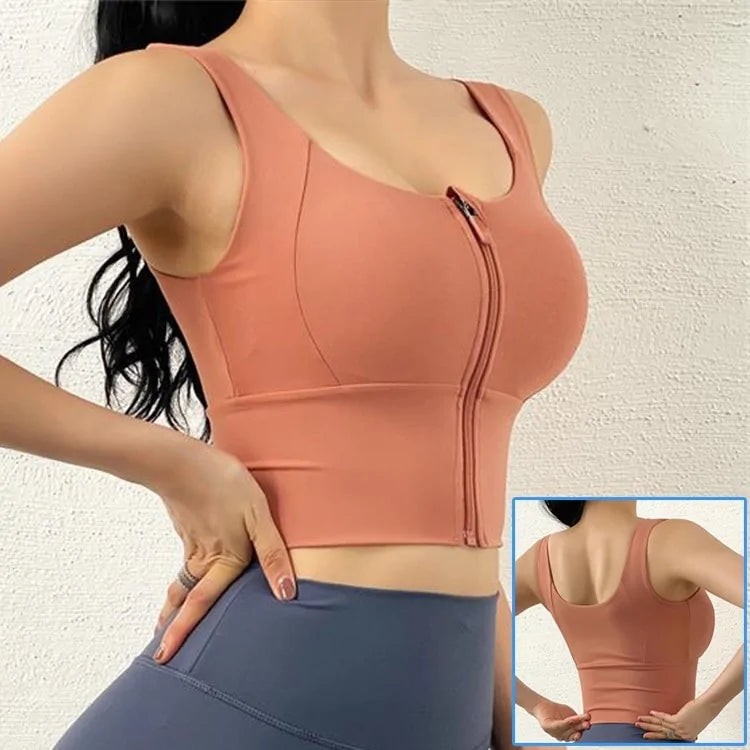 Front Zipper Sports Bra - Women's Push-Up Yoga Crop Top