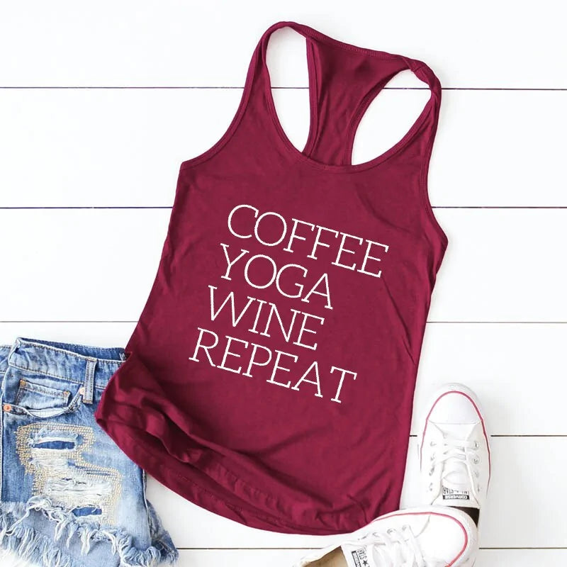 Illumino360 Repeat Coffee, Yoga, Wine: Women's Funny Racerback