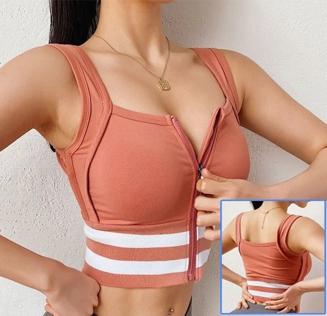 Front Zipper Sports Bra - Women's Push-Up Yoga Crop Top