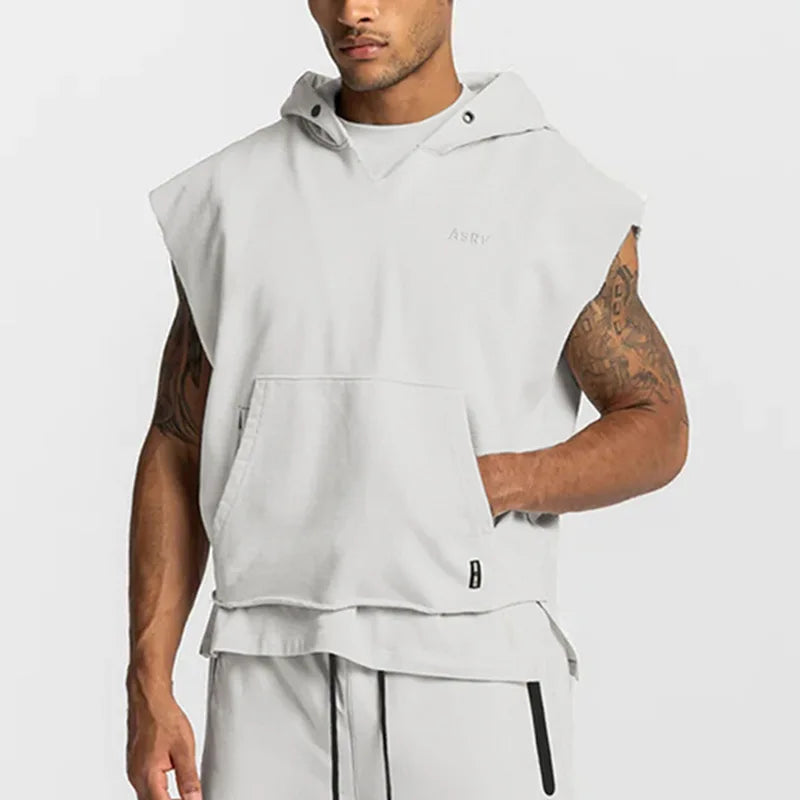 Illumino360Fitness Men's Multi-pocket Bodybuilding Cotton Sleeveless Hooded