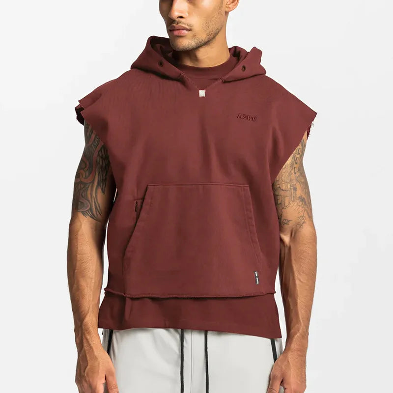 Illumino360Fitness Men's Multi-pocket Bodybuilding Cotton Sleeveless Hooded