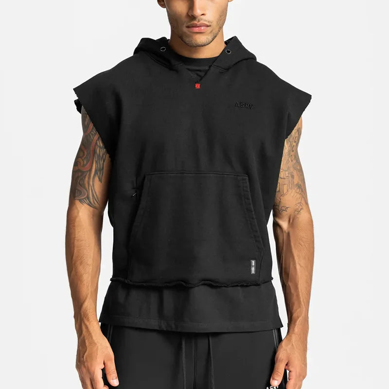 Illumino360Fitness Men's Multi-pocket Bodybuilding Cotton Sleeveless Hooded