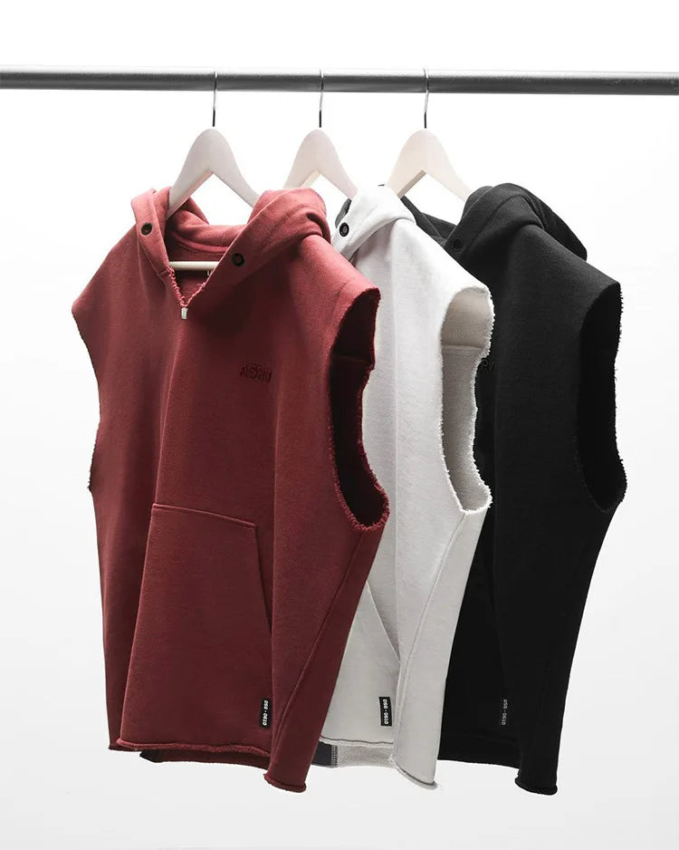 Illumino360Fitness Men's Multi-pocket Bodybuilding Cotton Sleeveless Hooded