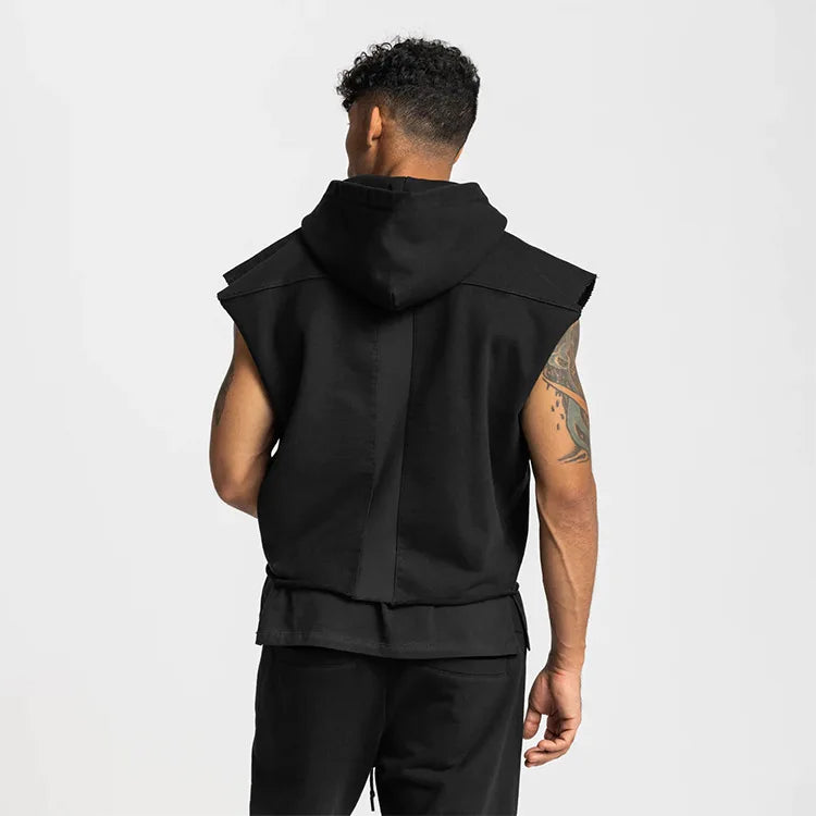 Illumino360Fitness Men's Multi-pocket Bodybuilding Cotton Sleeveless Hooded