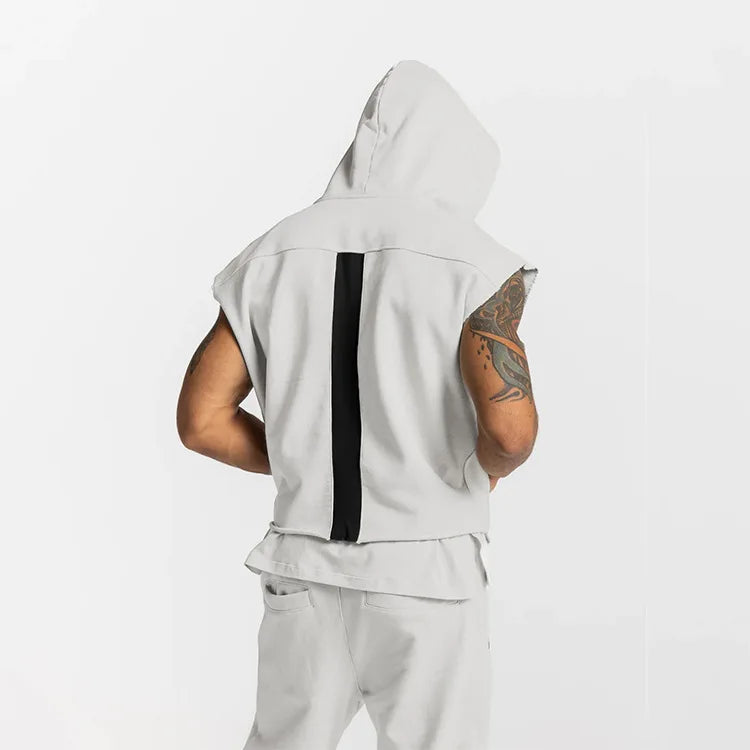 Illumino360Fitness Men's Multi-pocket Bodybuilding Cotton Sleeveless Hooded