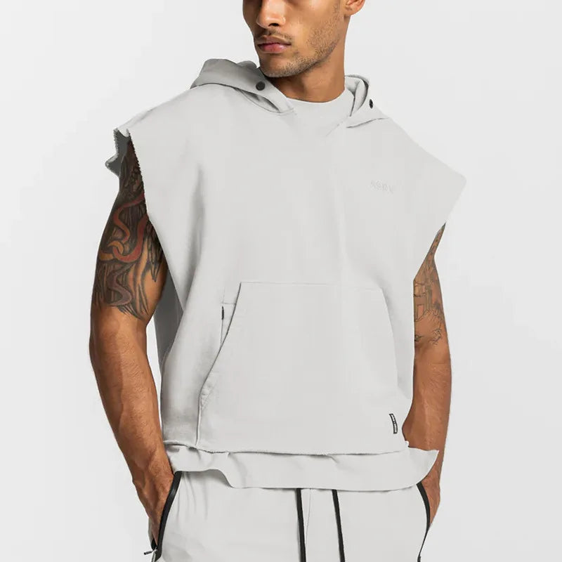 Illumino360Fitness Men's Multi-pocket Bodybuilding Cotton Sleeveless Hooded