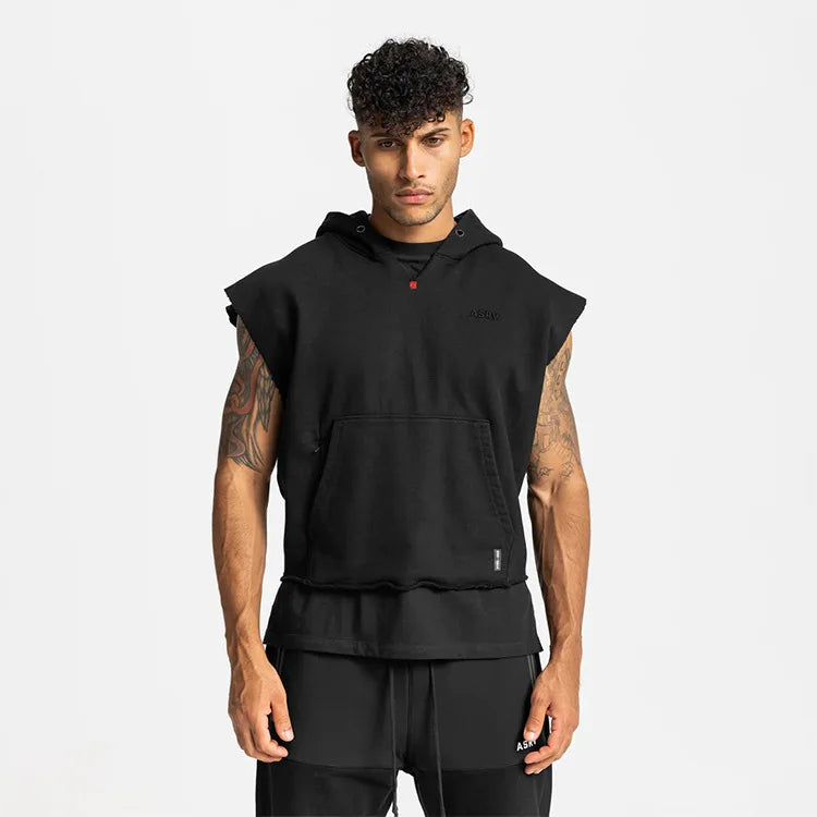 Illumino360Fitness Men's Multi-pocket Bodybuilding Cotton Sleeveless Hooded