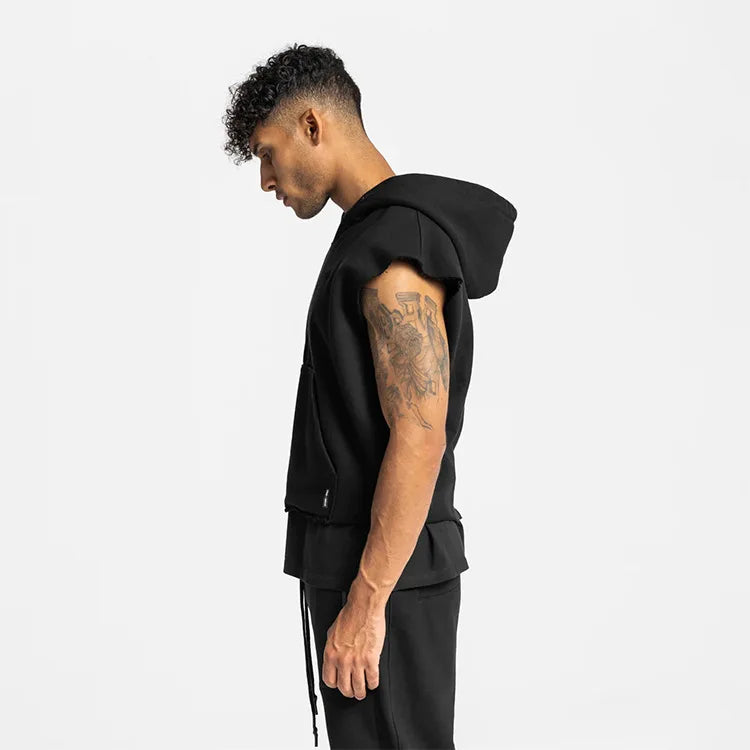 Illumino360Fitness Men's Multi-pocket Bodybuilding Cotton Sleeveless Hooded