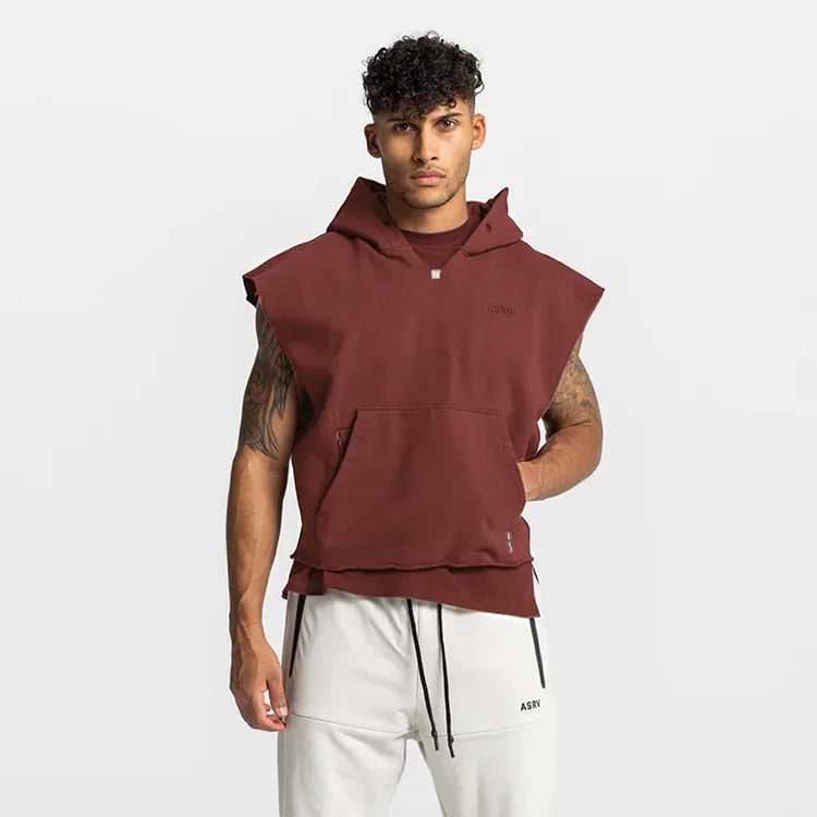Illumino360Fitness Men's Multi-pocket Bodybuilding Cotton Sleeveless Hooded
