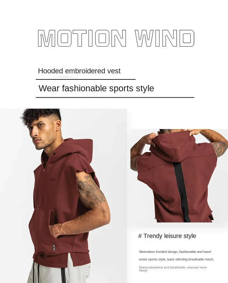 Illumino360Fitness Men's Multi-pocket Bodybuilding Cotton Sleeveless Hooded