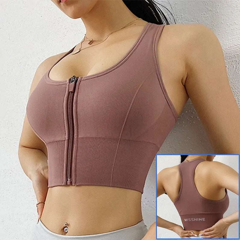 Front Zipper Sports Bra - Women's Push-Up Yoga Crop Top