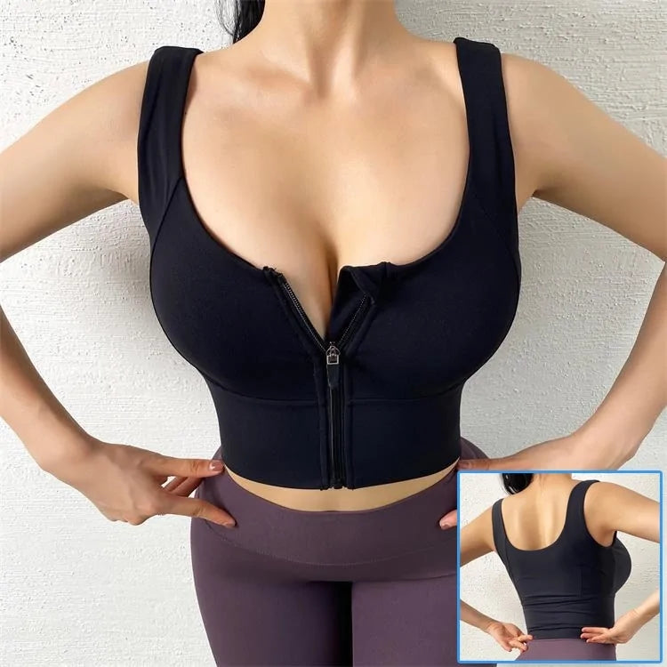 Front Zipper Sports Bra - Women's Push-Up Yoga Crop Top