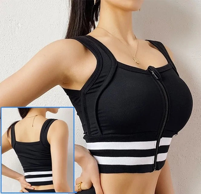 Front Zipper Sports Bra - Women's Push-Up Yoga Crop Top