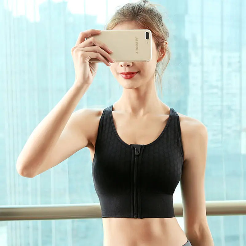 Women's Sports Bra with Front Zipper and Supportive Fit