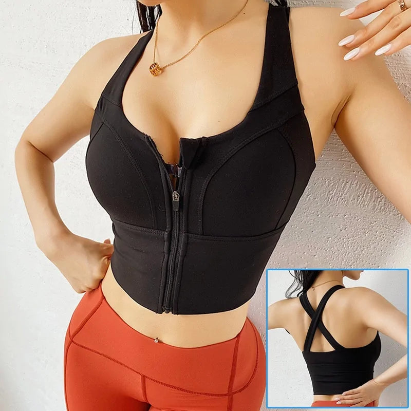 Front Zipper Sports Bra - Women's Push-Up Yoga Crop Top