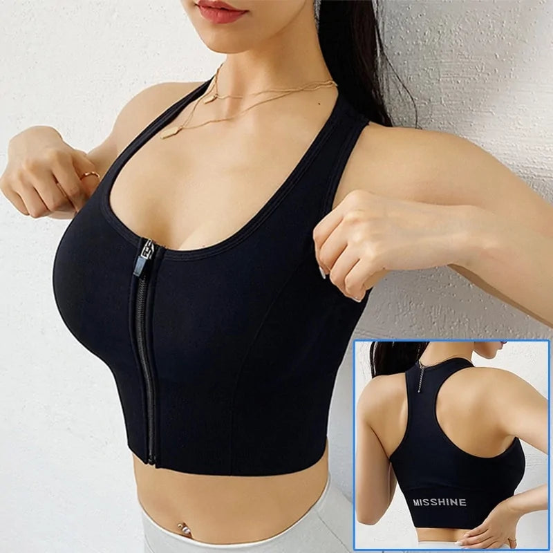 Front Zipper Sports Bra - Women's Push-Up Yoga Crop Top