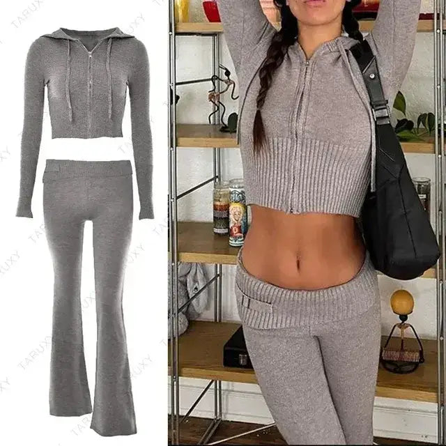 Illumino360's Knitted Hoodie Cropped Top And Pants Set