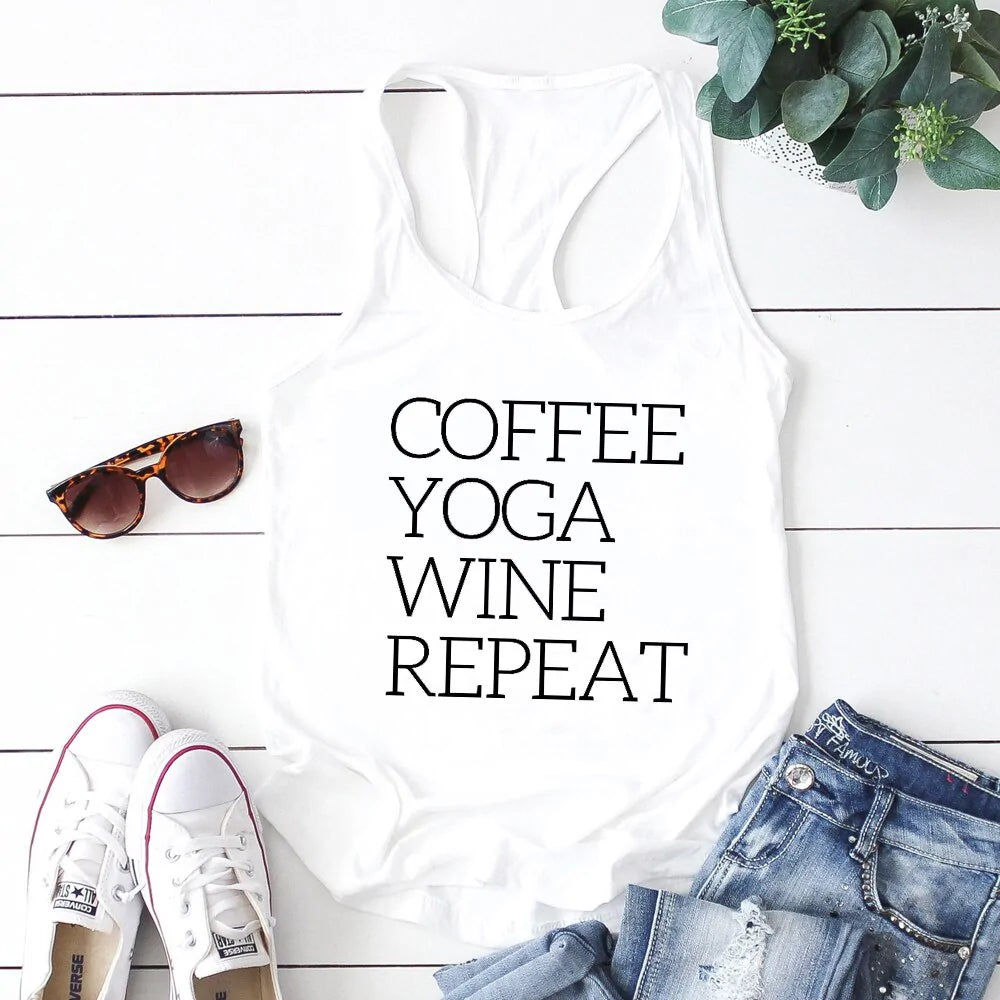 Illumino360 Repeat Coffee, Yoga, Wine: Women's Funny Racerback