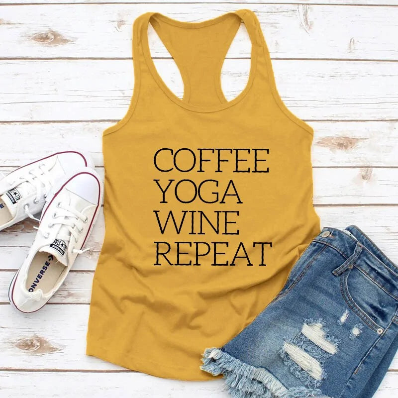 Illumino360 Repeat Coffee, Yoga, Wine: Women's Funny Racerback