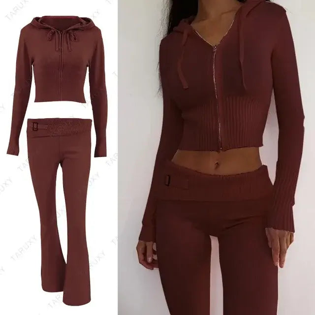 Illumino360's Knitted Hoodie Cropped Top And Pants Set